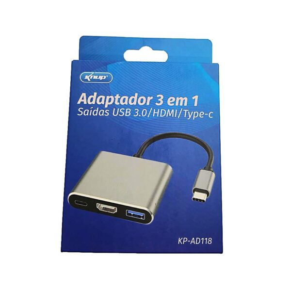 ADAPTADOR TIPO-C 3 EM 1 KP-AD118 KNUP TIPO-C/USB 3.0/HDMI